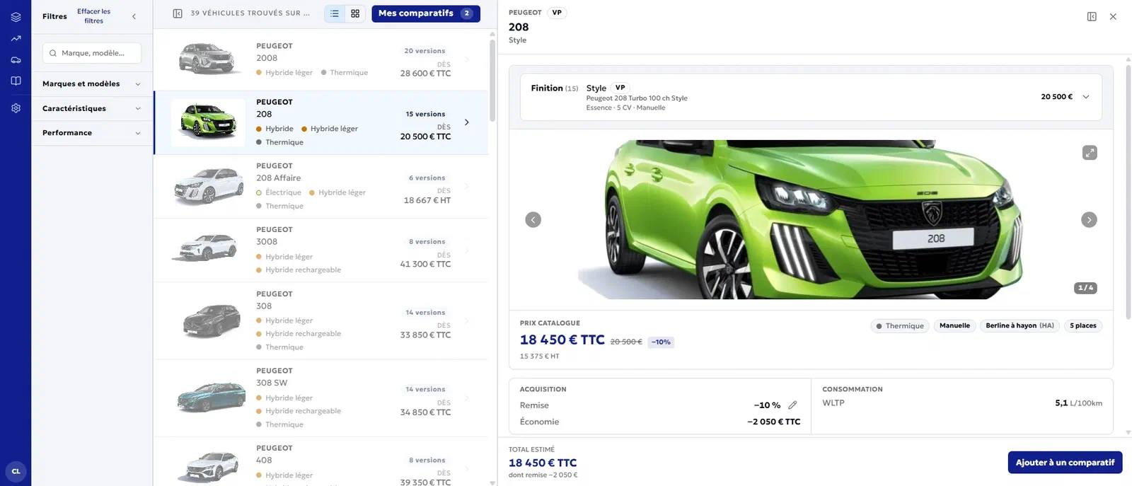 Écran de sélection des véhicules de la plateforme Netmo : liste des modèles avec motorisations et prix, et fiche d'une Peugeot 208 avec photo, prix catalogue et remise